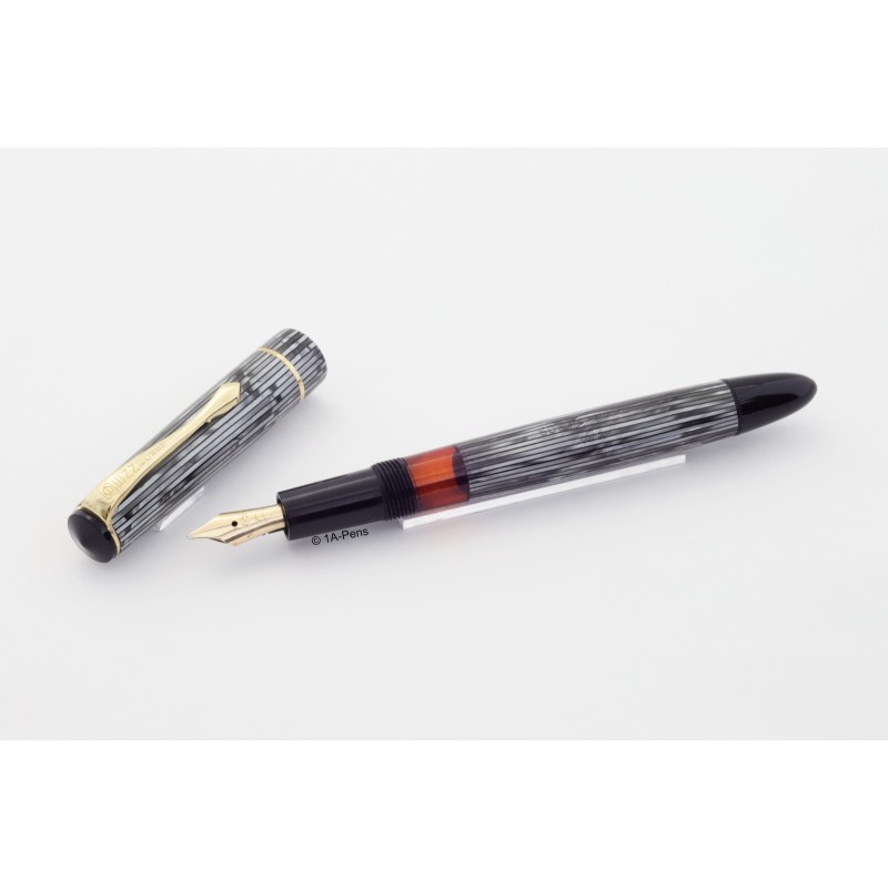 Soennecken 103 grey-striped Celluloid Piston-filler flex 14K B Gold-nib Vintage