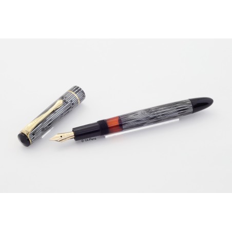 Soennecken 103 grey-striped Celluloid Piston-filler flex 14K B Gold-nib Vintage